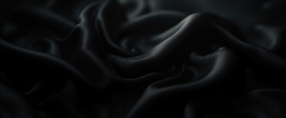 Obraz premium A close-up of luxurious black silk fabric with intricate folds and smooth textures, creating a soft and elegant appearance. The lighting highlights the glossy surface and rich details of the material.