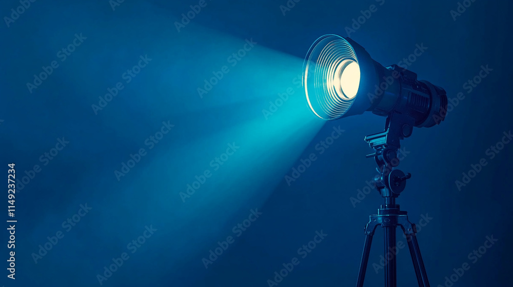 Poster spotlight shining in a dark studio with a blue background and tripod setup.