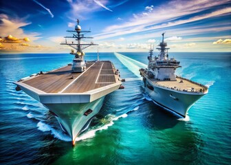 Naklejka premium Mighty Aircraft Carrier & Warship: Side & Top Views on White Background - Stock Photo