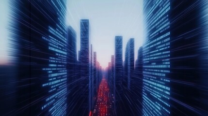 Futuristic cityscape at night. Tall buildings with glowing digital interface. Neon lights illuminate street. Fast moving traffic. Abstract tech art background. City landscape. Modern architecture.