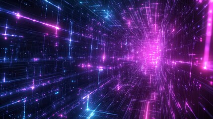 Fototapeta premium Abstract Futuristic Neon Tunnel Glowing Purple and Blue Digital Lines, Data Stream Background, Cyberpunk Style