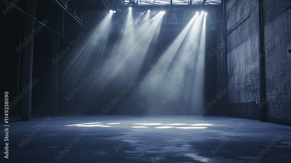 Poster light beams illuminate an empty industrial space in an artistic display.
