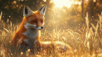 Fototapeta premium Fox basks in golden light amidst field grasses.