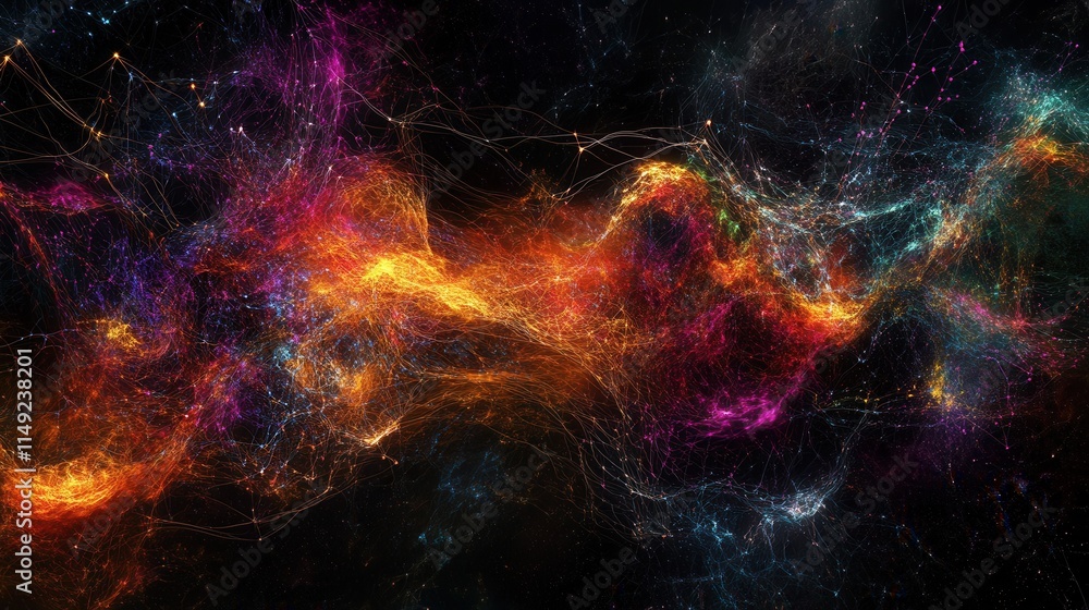 Poster abstract cosmic nebula background vibrant glowing energy strings and dust particles in deep space