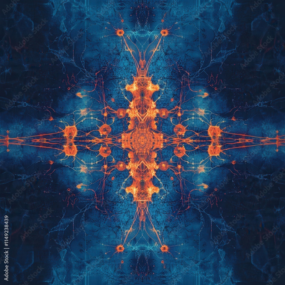 Poster abstract blue and orange fractal art symmetrical neural network or energy pattern background