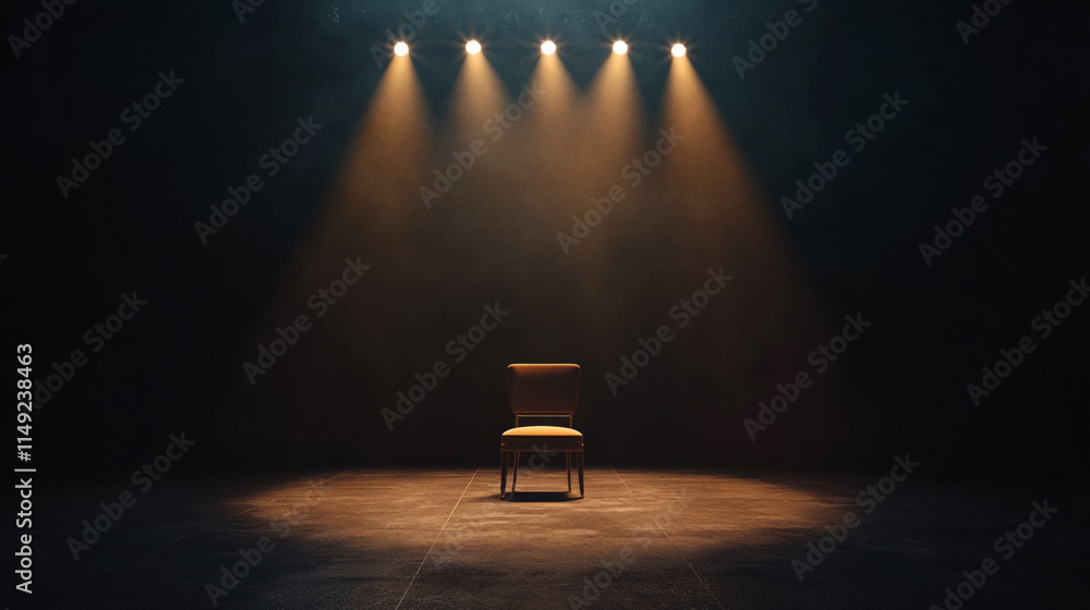 Poster spotlit chair on stage with dramatic lighting in an empty performance space.