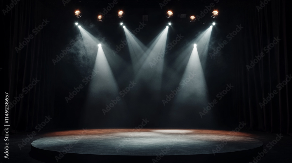 Poster spotlights illuminate an empty stage ready for performance in a dim theater.