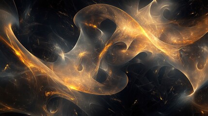Abstract Golden and Black Fractal Art Swirling Energy, Cosmic Nebula, Digital Background Texture