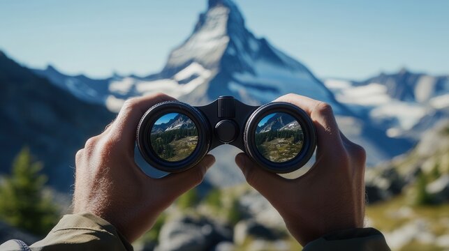 Man Using Binoculars to View Majestic Matterhorn Mountain Landscape in Swiss Alps - Adventure Travel and Exploration Concept