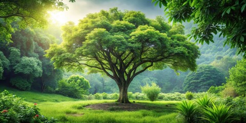 Naklejka premium A solitary tree stands amidst a dense foliage of lush greenery and vibrant botanicals in a serene natural setting, forest, natural environment