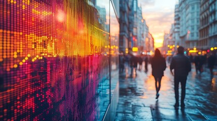 Financial District Sunset: Dynamic Stock Market Data Display Reflecting on Wet City Street at Dusk 