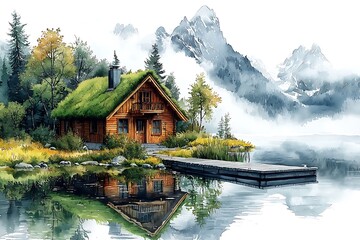 Naklejka premium Serene Watercolor Painting of a Mountain Cabin with a Lake Reflection.