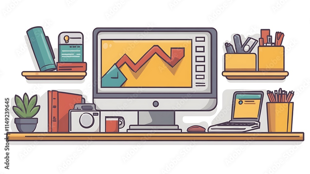 Poster modern desk setup: a vibrant illustration of a stylized workspace featuring a desktop computer with 