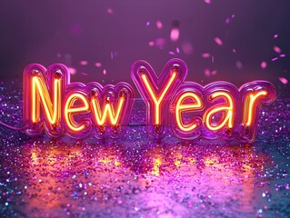 An isolated 3D &ldquo;New Year&rdquo; sign in orange and pink neon lights on a pastel purple background with glitter