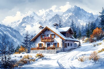 A charming snow-covered chalet nestled in a breathtaking winter mountain landscape.