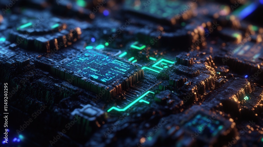 Poster abstract 3d render of futuristic circuit board with glowing teal lines - cyberpunk technology backgr