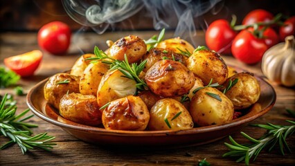 Obraz premium Golden roasted potatoes in the skin with a crispy texture and aromatic steam rising from them, earthy tones, roasted vegetables