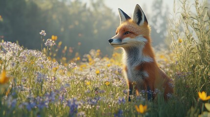Naklejka premium Red fox sitting in a field of wildflowers at sunrise.