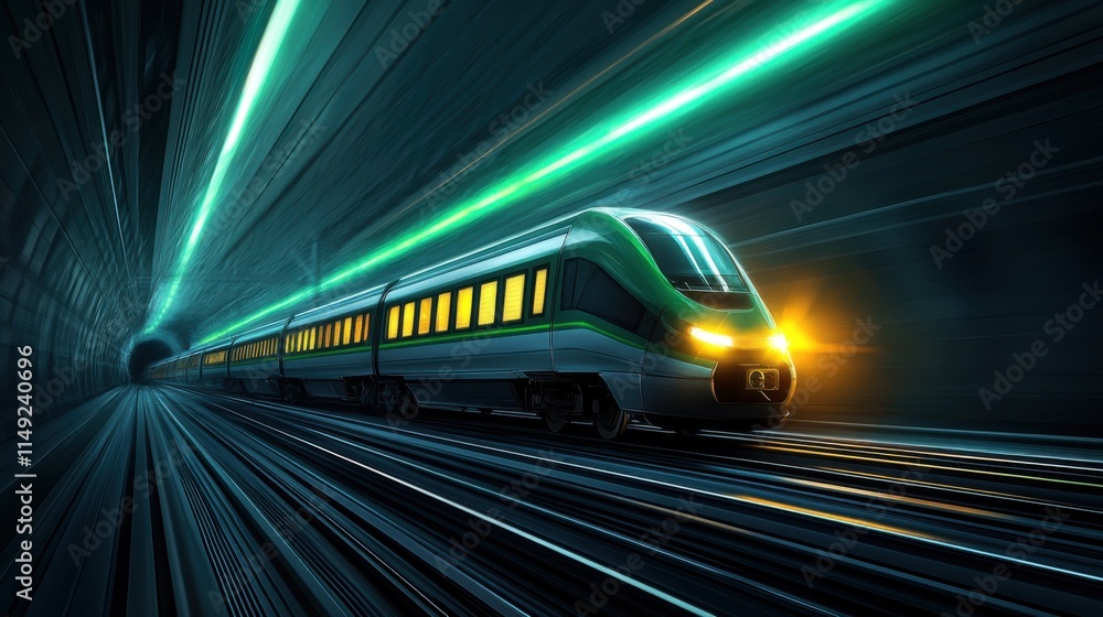 Poster high-speed train in motion through a futuristic tunnel with light trails and dynamic speed effects