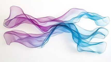 Abstract flowing purple and blue translucent waves on white background.