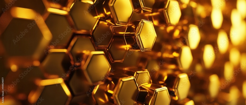 Poster Luxurious Golden Honeycomb Pattern Abstract 3D Render of Interlocking Hexagons with Metallic Texture and Warm Lighting