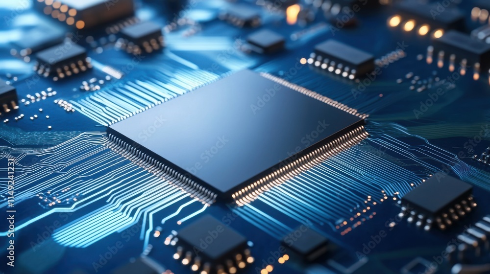 Poster close-up view of a semiconductor chip on a circuit board with intricate paths and connections