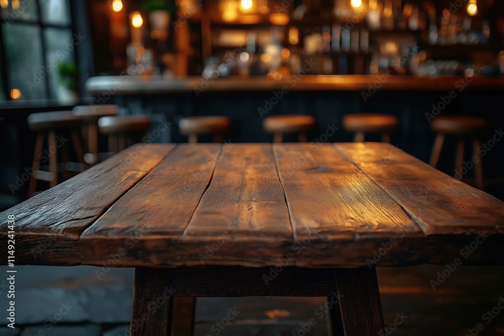 Poster rustic wooden table in dimly lit pub. blurred background shows bar and stools. evening atmosphere. i