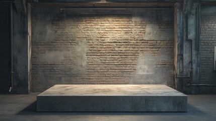 Industrial Concrete Platform Display Against Grungy Brick Wall Background - Product Showcase Mockup