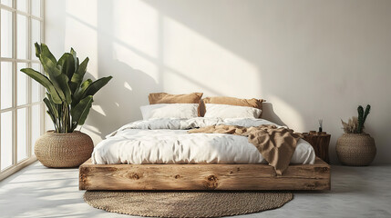 Empty White Wall and Rustic Wooden Bed in Scandinavian Loft Bedroom Design