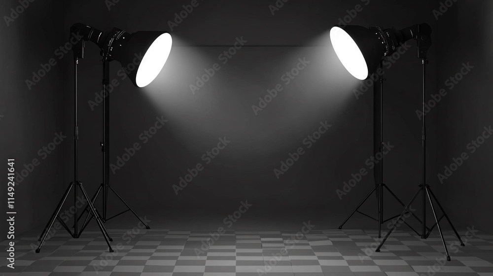 Poster studio lighting setup with softboxes illuminating a dark background.