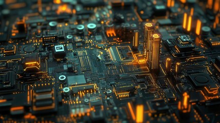 Futuristic Cityscape on Circuit Board Abstract Technology Background with Glowing Orange Lines and Dark Teal Components