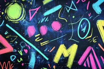 Vibrant Neon Abstract Art: 80s Retro Style Geometric Shapes and Doodles on Dark Background