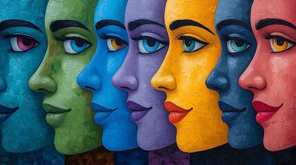 Rainbow of Faces: A vibrant and colorful art installation featuring seven profile portraits painted in a spectrum of hues, symbolizing diversity, individuality, and the beauty of human expression.  