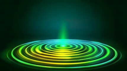 Obraz premium Abstract green and yellow glowing concentric circles on dark background.