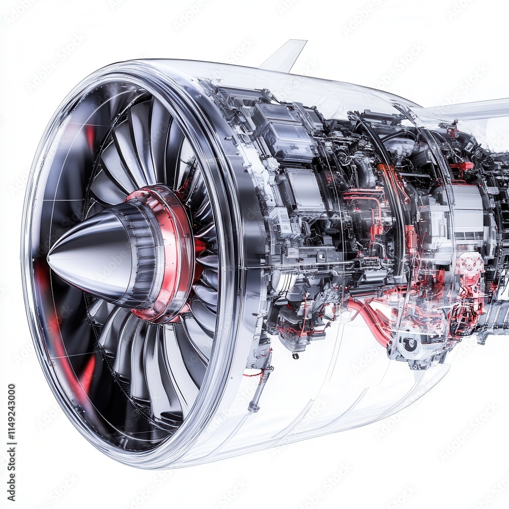 Poster detailed 3d render of a modern turbofan jet engine with transparent cutaway, showing internal compon
