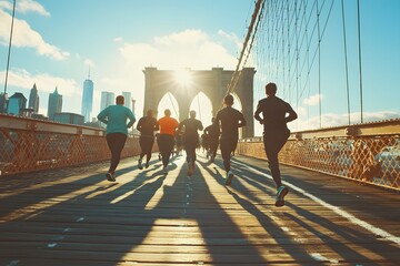 Runners crossing a bridge at sunrise, showcasing fitness and vitality.