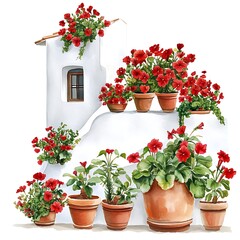 Naklejka premium Vibrant Red Flowers in Terracotta Pots Adorning a Whitewashed Mediterranean House.