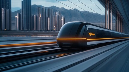 Naklejka premium Futuristic High-Speed Train in Urban Landscape With Modern Buildings and Scenic Mountain Background
