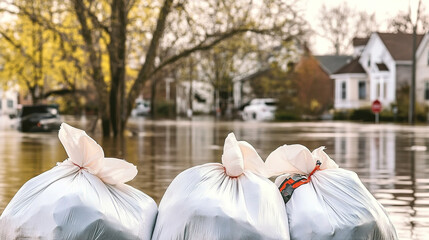 Flood Protection Sandbags with flooded homes in the background (Montage)