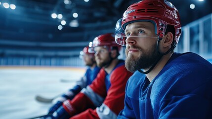 Focused hockey player in blue jersey during game, teammate waiting on bench in professional arena setting