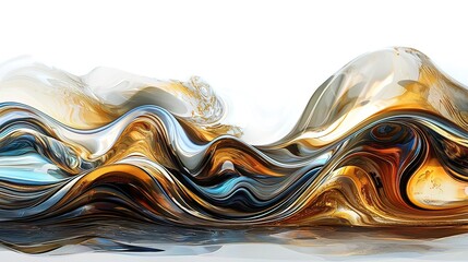 Abstract liquid gold, blue, and silver waves flowing on white background.