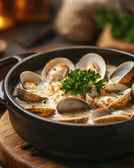 Warm Clam Chowder in Rustic Kitchen Setting