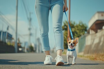 A person walks a small dog on a sunny street.