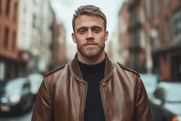 Fototapeta premium Handsome young man stands outdoors in city street. Stylishly dressed in brown leather jacket, dark top. Urban photogenic portrait. Casual, modern style. Cityscape blurred in background. Man looking