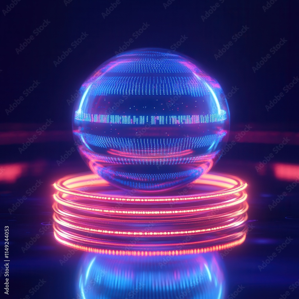 Poster futuristic neon sphere on glowing platform abstract 3d render of data visualization and digital tech