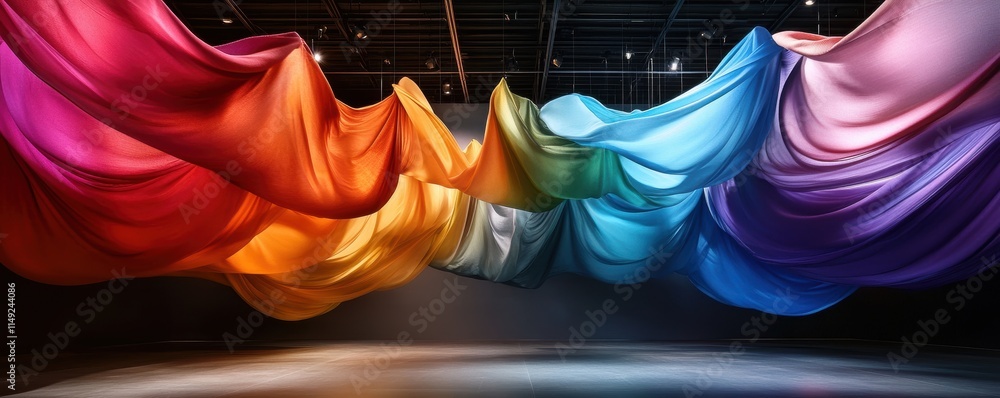 Aufkleber a captivating display of flowing, colorful fabrics suspended in mid-air, creating a dynamic visual e