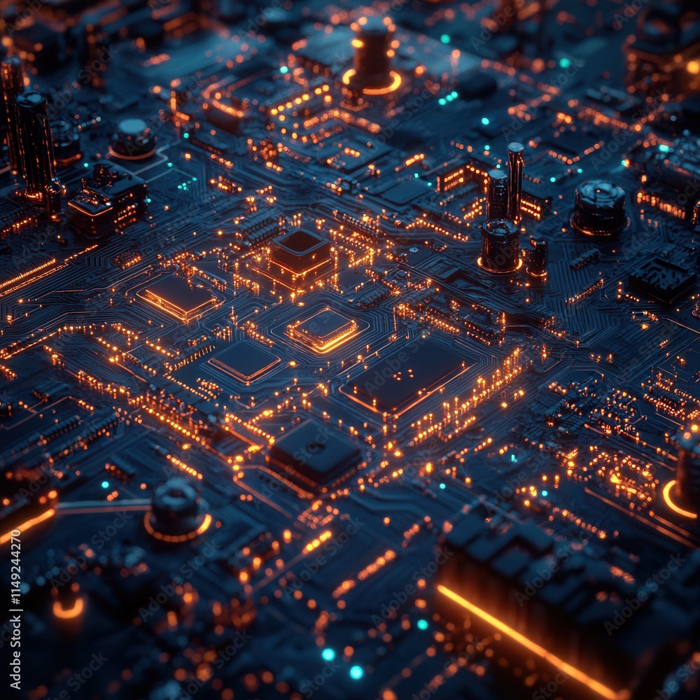Poster glowing circuit board abstract close-up of illuminated microchips and electronic components with ora