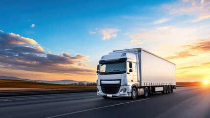 Bright Sunset Over Truck on Open Road, Scenic Transportation Landscape with Vehicle and Sky View