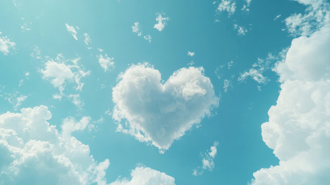 A hyper-realistic scene of a heart-shaped cloud floating gently in a vast blue sky, accompanied by scattered delicate clouds, smooth gradient of blue hues, soft sunlight emphasizing the cloud&acirc;&euro;&trade;s fluf