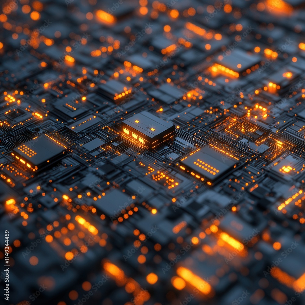 Poster abstract 3d render of illuminated circuit board glowing orange microchip technology background